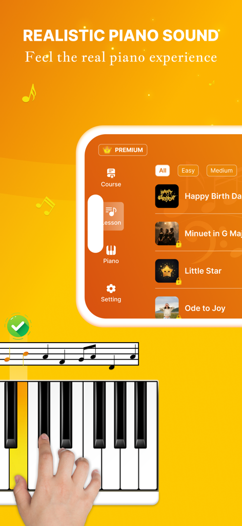 Virtual piano keyboard with sheet music and song selection menu