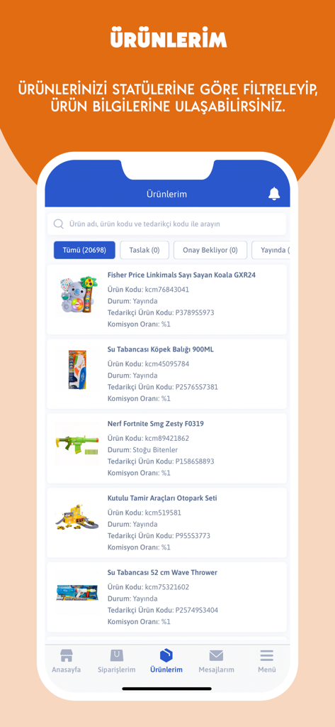 Çiçeksepeti Satıcı Paneli - Mobile interface of the Ciceksepeti Seller Panel showing a list of products with status filters and details