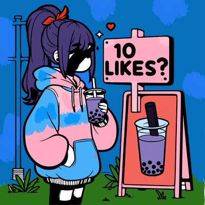 girl with oversized hoodie drinking boba and she has a high ponytail with a sign that says 10likes?