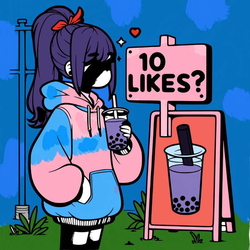 girl with oversized hoodie drinking boba and she has a high ponytail with a sign that says 10likes?