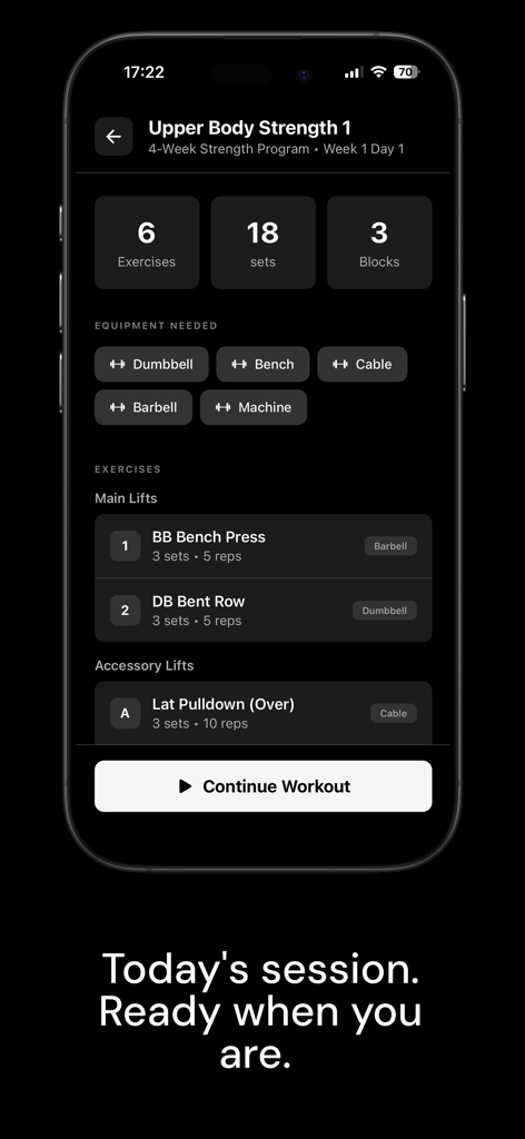 Relay Athletic - Interface do aplicativo Relay Athletic exibindo um resumo da sessão de treino de força para a parte superior do corpo com requisitos de equipamento e lista de exercícios
