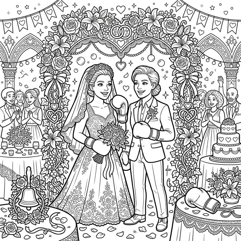 Celebrate a truly unique and empowering love story with this captivating coloring page featuring two female boxers on their wedding day. This intricate design beautifully merges romance and strength, offering an engaging and inspiring coloring experience.