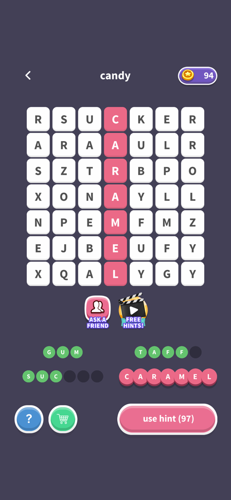 WordWhizzle Search mobile puzzle grid with a candy theme and the word caramel highlighted