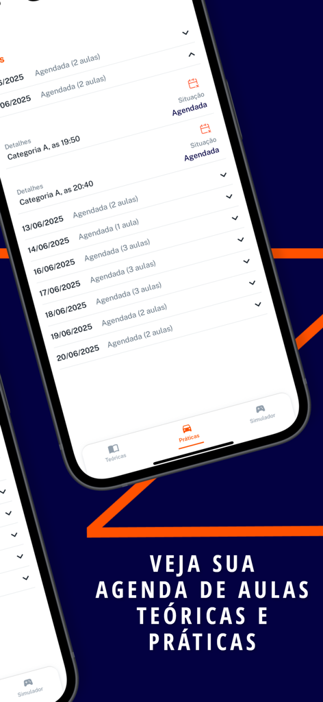Screenshot der Benutzeroberfläche der Minha CNH Online App, der einen Zeitplan für Fahrschulkurse mit Daten und Uhrzeiten anzeigt