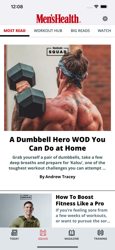 Men's Health UK - ダンベルワークアウト記事とフィットネスナビゲーションメニューを表示するMens Health UKアプリのインターフェース