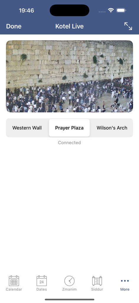 Live video stream of the Western Wall Prayer Plaza in the Hebrew Calendar app