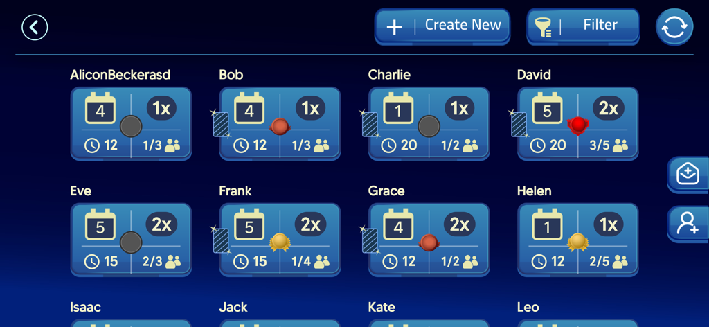 Skru - The lobby screen of the Skru mobile app showing various available game rooms with player names and match settings