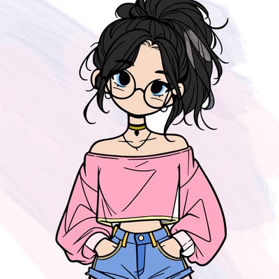girl with a messy ponytail glasses a baggy crop top and jean shorts