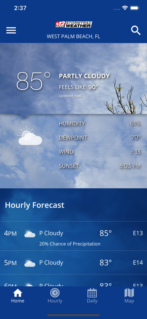 WPEC WX app home screen showing weather conditions and hourly forecast for West Palm Beach