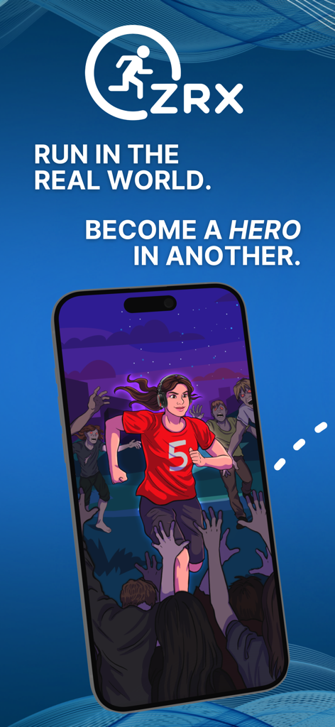 L'app ZRX Zombies Run mostra una donna che fugge da un'orda di zombie su uno schermo di smartphone.