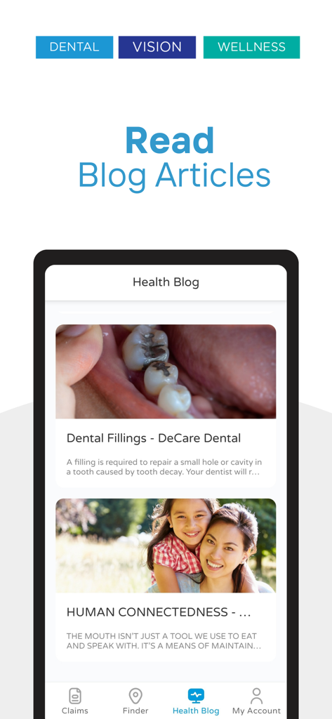 DeCare - Screenshot of the DeCare mobile app health blog featuring articles on dental and wellness.