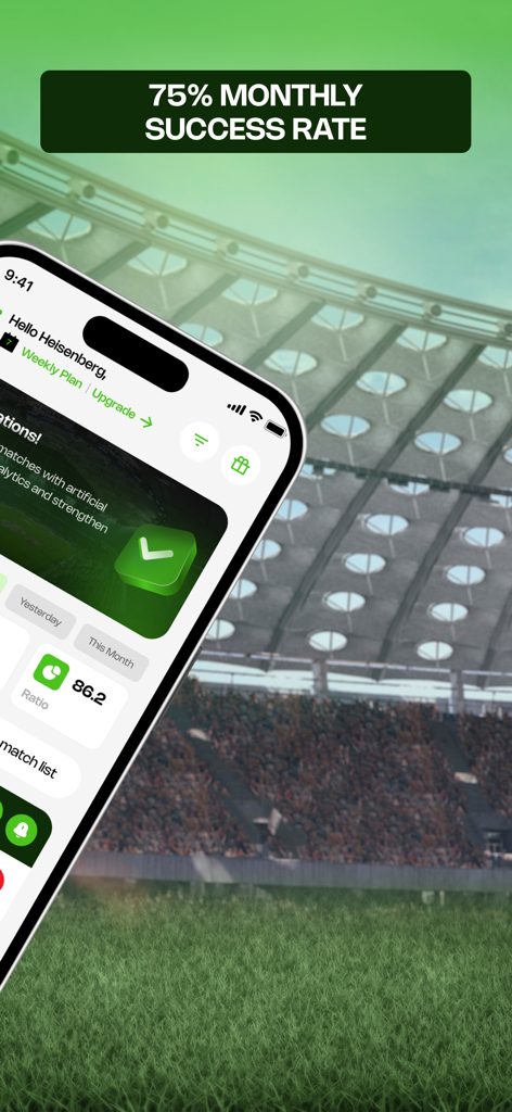 GoalGPT - GoalGPT app interface showing a 75 percent monthly success rate for AI football predictions over a soccer stadium background