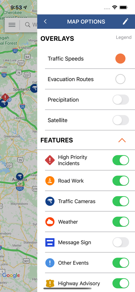511 South Carolina Traffic - The map settings menu in the 511 South Carolina Traffic app showing toggle options for traffic speeds, incidents, road work, and cameras.