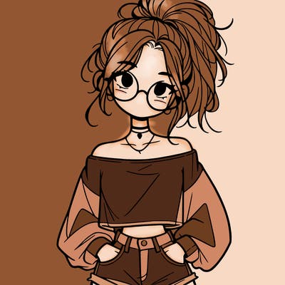 girl with a messy ponytail glasses a baggy crop top and jean shorts