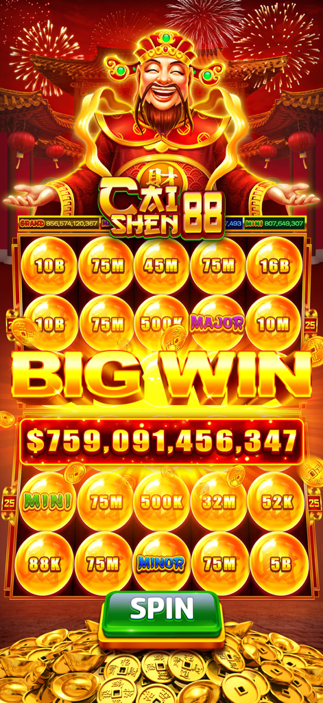 Golden Casino - Slots Games - Cai Shen 88 Spielautomaten-Oberfläche mit einem riesigen Big Win Jackpot und goldenen Münzen