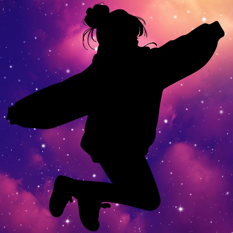 realistic girl jumping with a bun and oversized sweatshirt