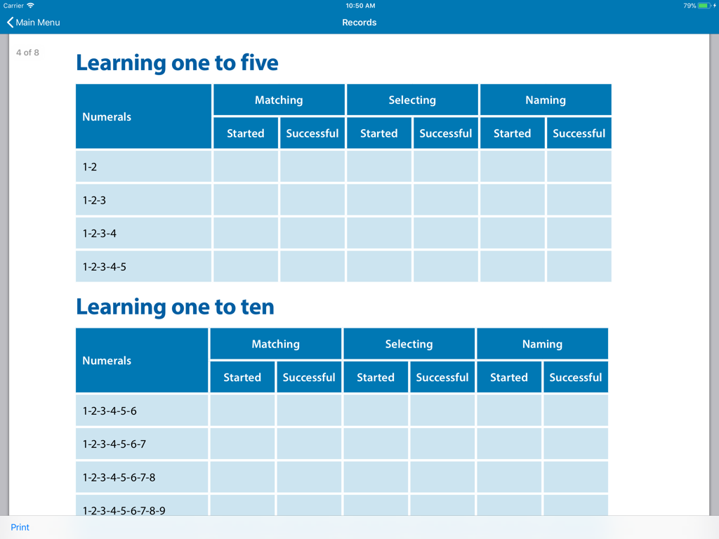 See and Learn First Counting - 1から10までの数字の合わせ、選択、命名の進捗を追跡するためのデジタル記録フォーム。