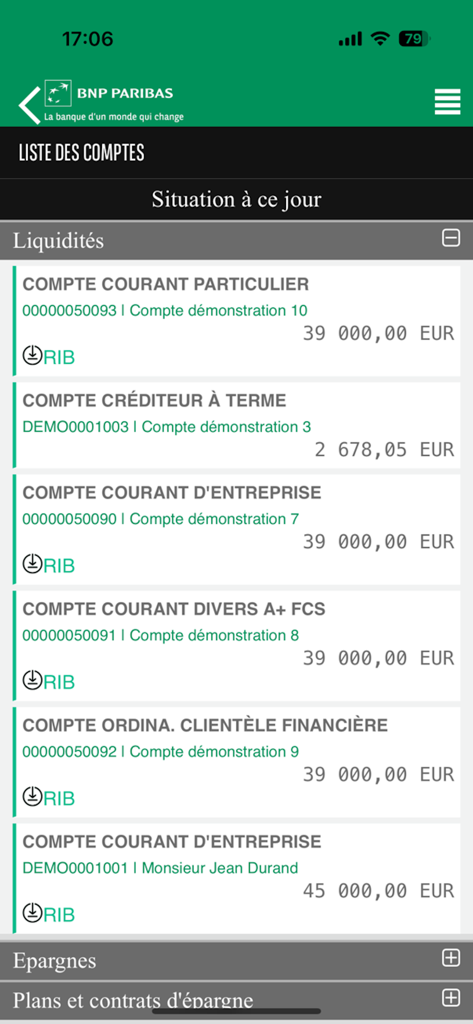 BNP Paribas Antilles-Guyane - Mobile dashboard of the BNP Paribas Antilles-Guyane app showing a list of checking and business accounts with their balances in Euros.