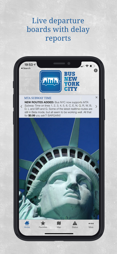 Bus New York City - Pantalla de inicio de la aplicación Bus New York City con información de salidas en vivo y una imagen de la Estatua de la Libertad