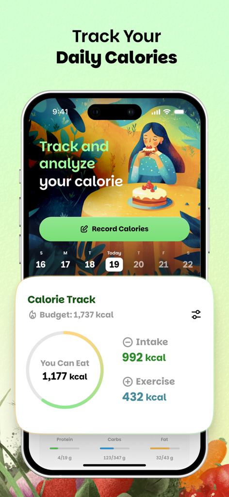 Wellify - Simplify Wellness - Wellifyアプリの画面。毎日のカロリー摂取量と運動を追跡。