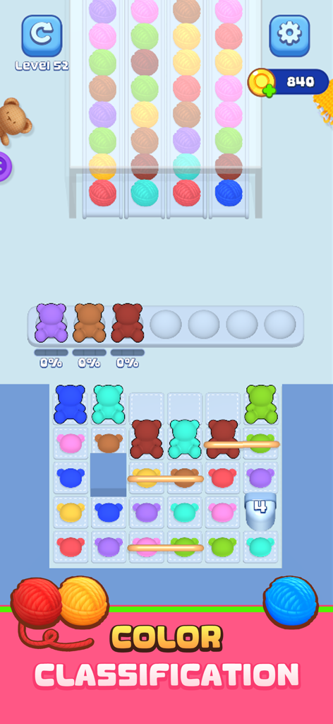 Knit Craze: Color Wool Sort - Gameplay screenshot of Knit Craze showing a color classification puzzle with yarn balls and bear-shaped figures.
