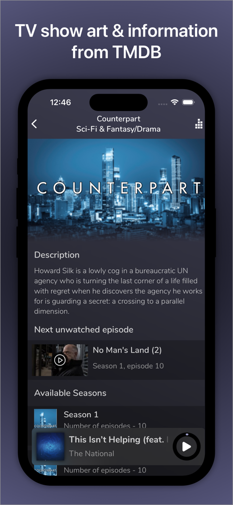 Pantalla de la aplicación móvil AVSub mostrando metadatos de programas de TV y listas de episodios integrados desde TMDB