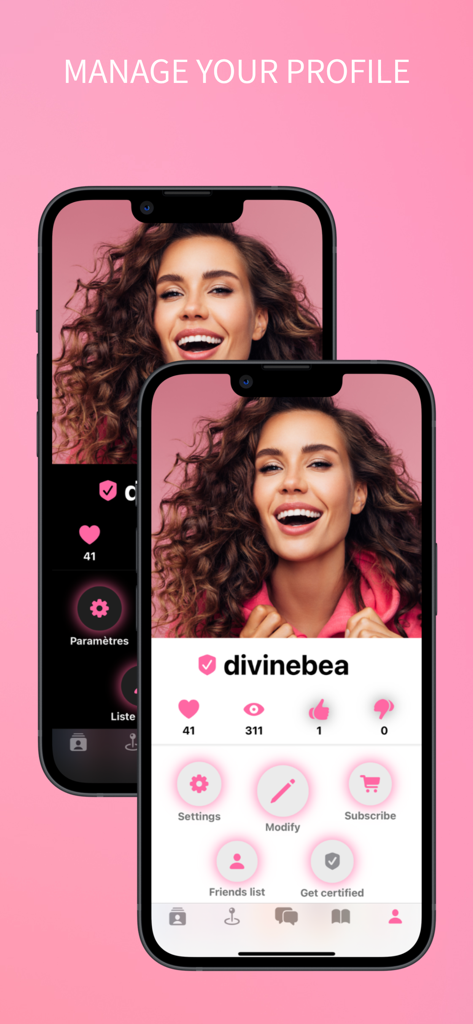 Two smartphone screens displaying the user profile management interface of Swing'App with a verified member profile, engagement stats, and settings menu.