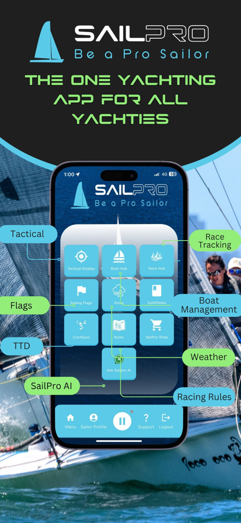 SailPro 앱 홈 화면, 스마트폰에 전술 레이스 도구, 보트 관리 및 날씨 기능 표시