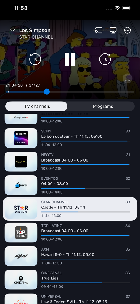 CableGo mobile app interface showing a live TV player and a scrollable list of international cable channels.