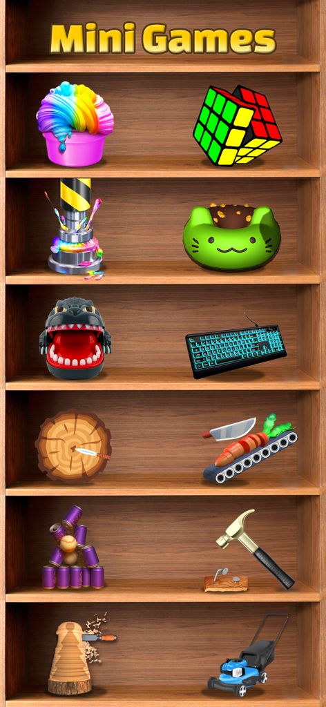 Mini Relaxing Game: Antistress - A wooden shelf showcasing various anti-stress mini-game icons including slime and puzzles