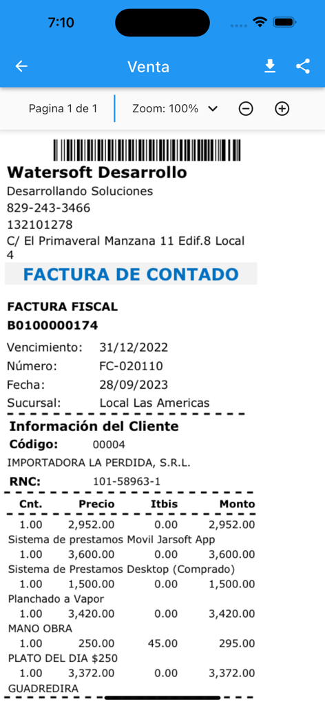 Watersoft Fact App - A digital fiscal invoice displayed within the Watersoft Fact mobile app showing itemized sales and customer details.