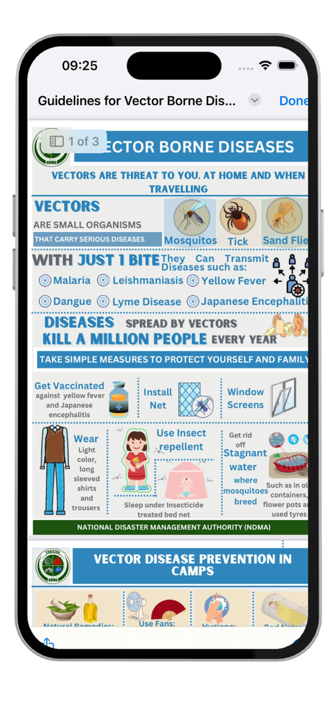 PAK NDMA-Disaster Alert - Educational infographic in the PAK NDMA app providing guidelines for preventing vector-borne diseases like Malaria and Dengue.