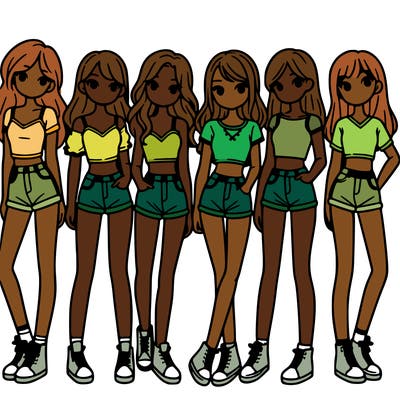 a group of girls wearing crop tops and shorts