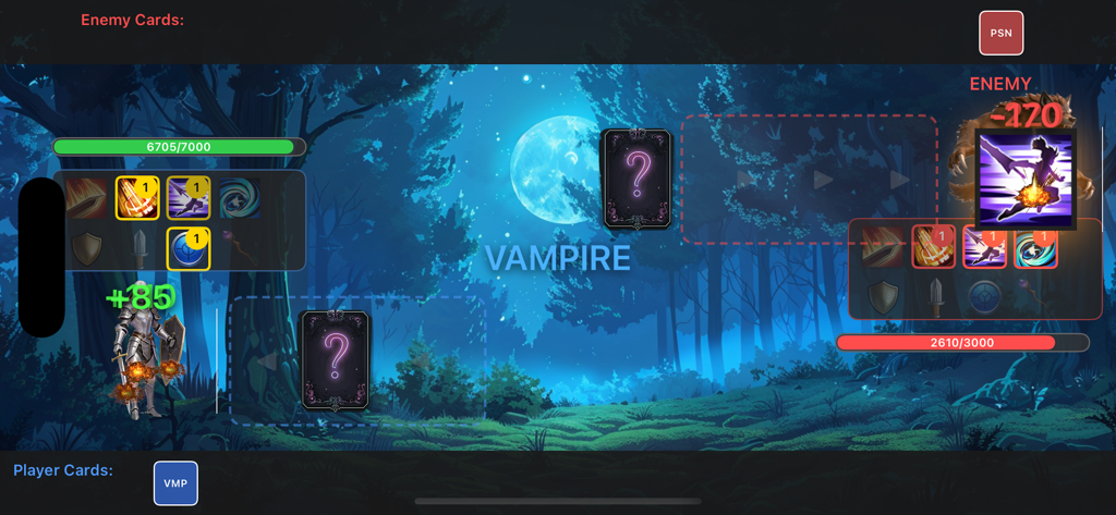 Tales of Mecha - A battle scene from Tales of Mecha showing a pilot in silver armor fighting an enemy in a moonlit forest with card-based combat UI.