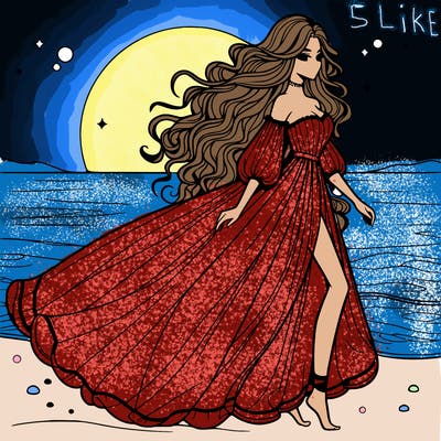 beautiful woman with a vaporous long dress walking on the beach at the noon, detailed art