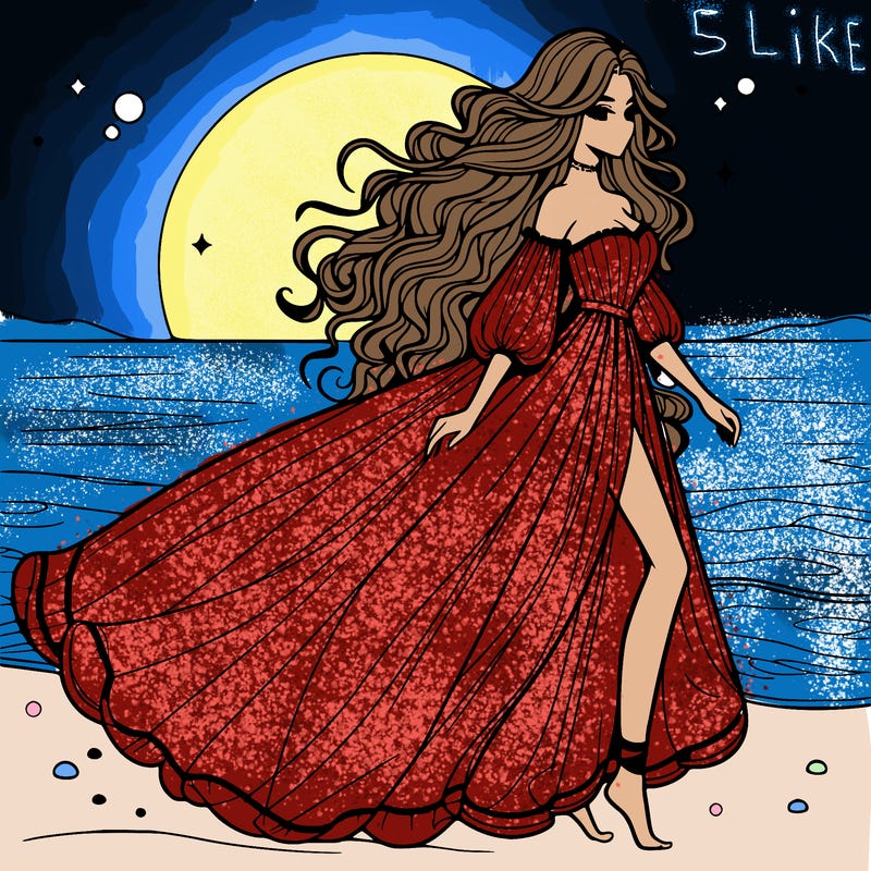 beautiful woman with a vaporous long dress walking on the beach at the noon, detailed art