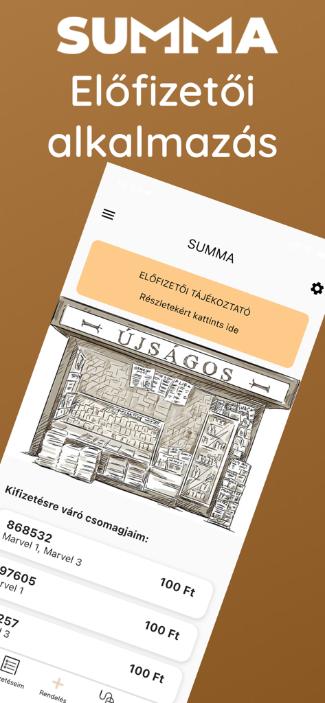 Interfaccia dell'app mobile SUMMA che mostra i dettagli dell'abbonamento e un'illustrazione disegnata a mano di un'edicola