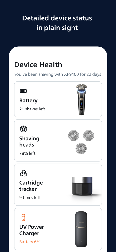 GroomTribe Styling and Shaving - Interface of GroomTribe app displaying shaver battery levels and maintenance status