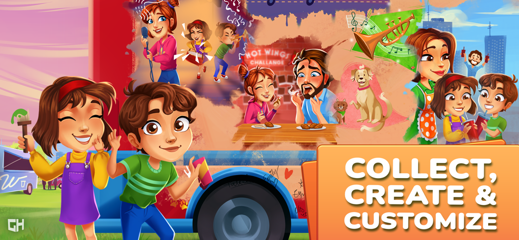 Delicious: Taste of Truth - Una colorida ilustración de Emily y su familia de Delicious Taste of Truth con el texto Colecciona Crea y Personaliza