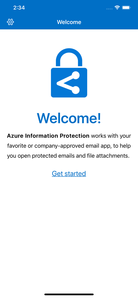 Azure Information Protection - Pantalla de bienvenida de la aplicación Azure Information Protection con un icono de candado azul y una introducción a la visualización de correos electrónicos y archivos protegidos.