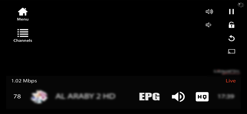 Libico - Interfaz de video del reproductor Libico mostrando una transmisión de TV en vivo con información del canal y controles de reproducción.