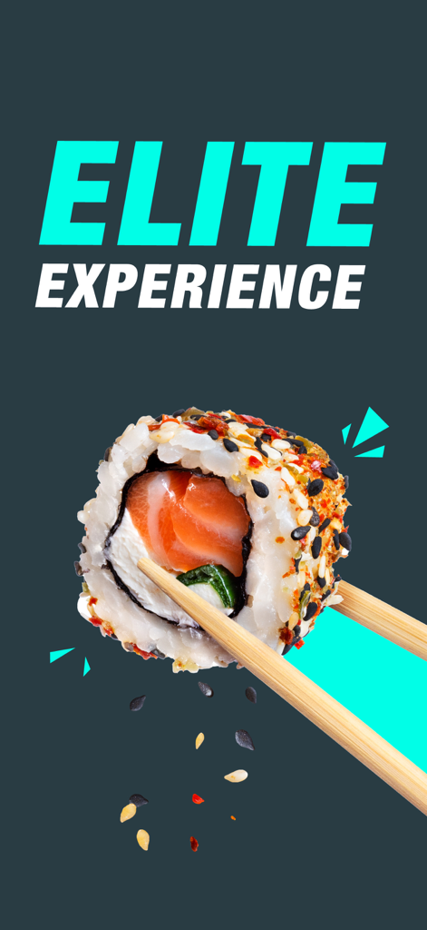 A piece of sushi held by chopsticks with the text Elite Experience
