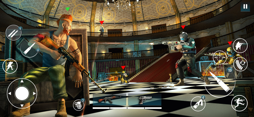 Freedom Strike: Offline Games - First person shooter gameplay scene in a ballroom with tactical combat characters