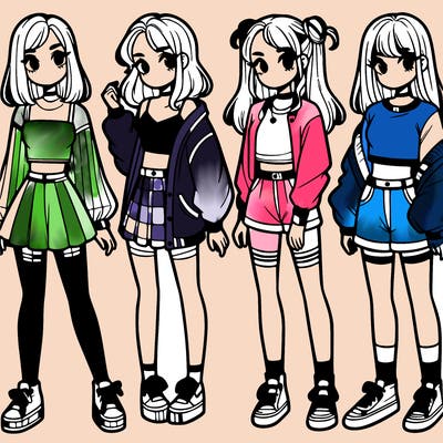 one girl with crop-top shirt and a jacket with a skirt, long socks and another girl with a shirt and pants with a jacket