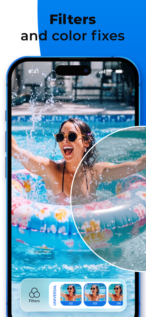 Facelab app interface showing photo filters and color fixes applied to a woman in a swimming pool