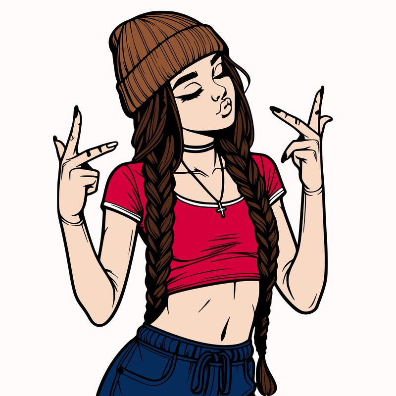 realistic teenage girl with braids and a beanie and crop top doing 🫶🏼