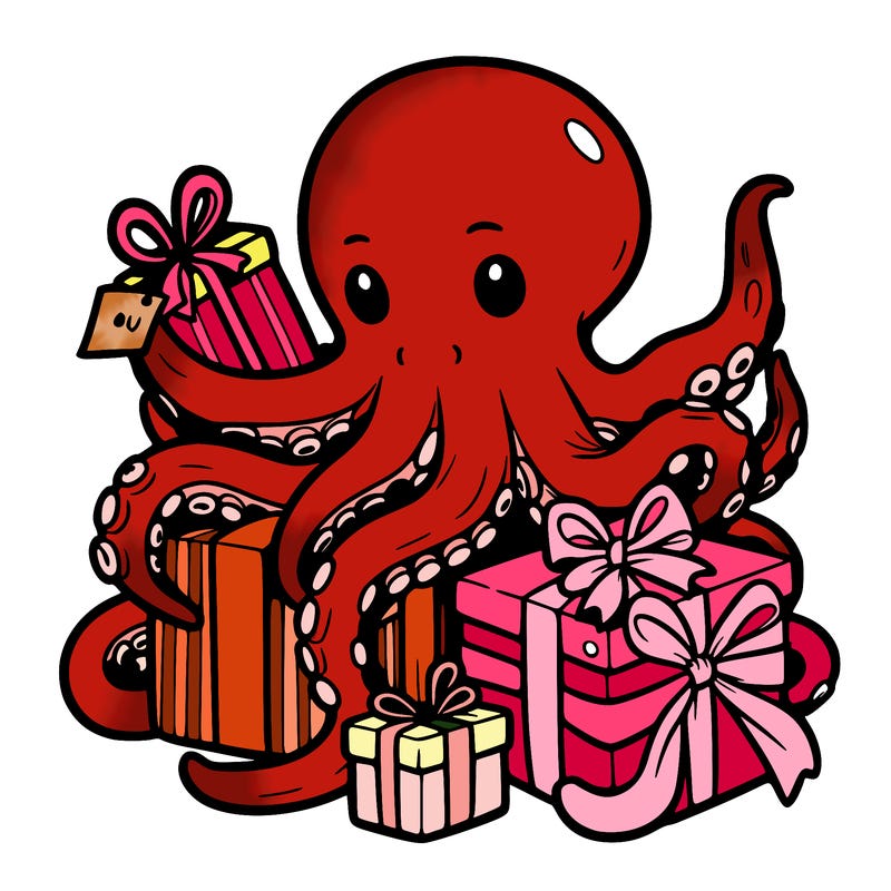 an octopus wrapping gifts