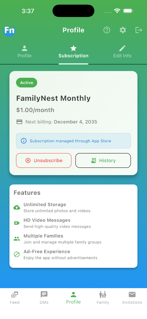 InFamilyNest app subscription screen showing the monthly plan details and premium features like unlimited storage and ad-free experience