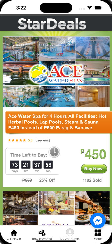 StarDeals app interface displaying a 25 percent discount on Ace Water Spa facilities