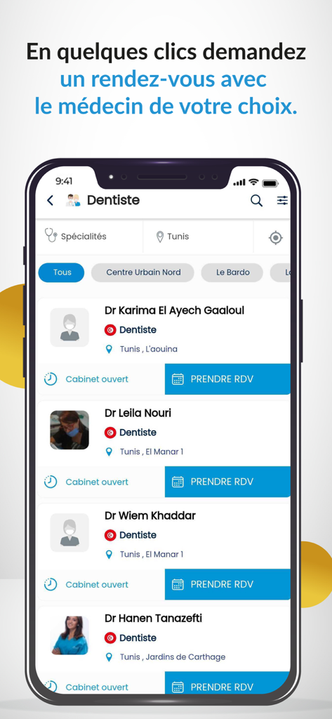 Med - Interfaz de la aplicación Med que muestra una lista de dentistas y botones para reservar citas